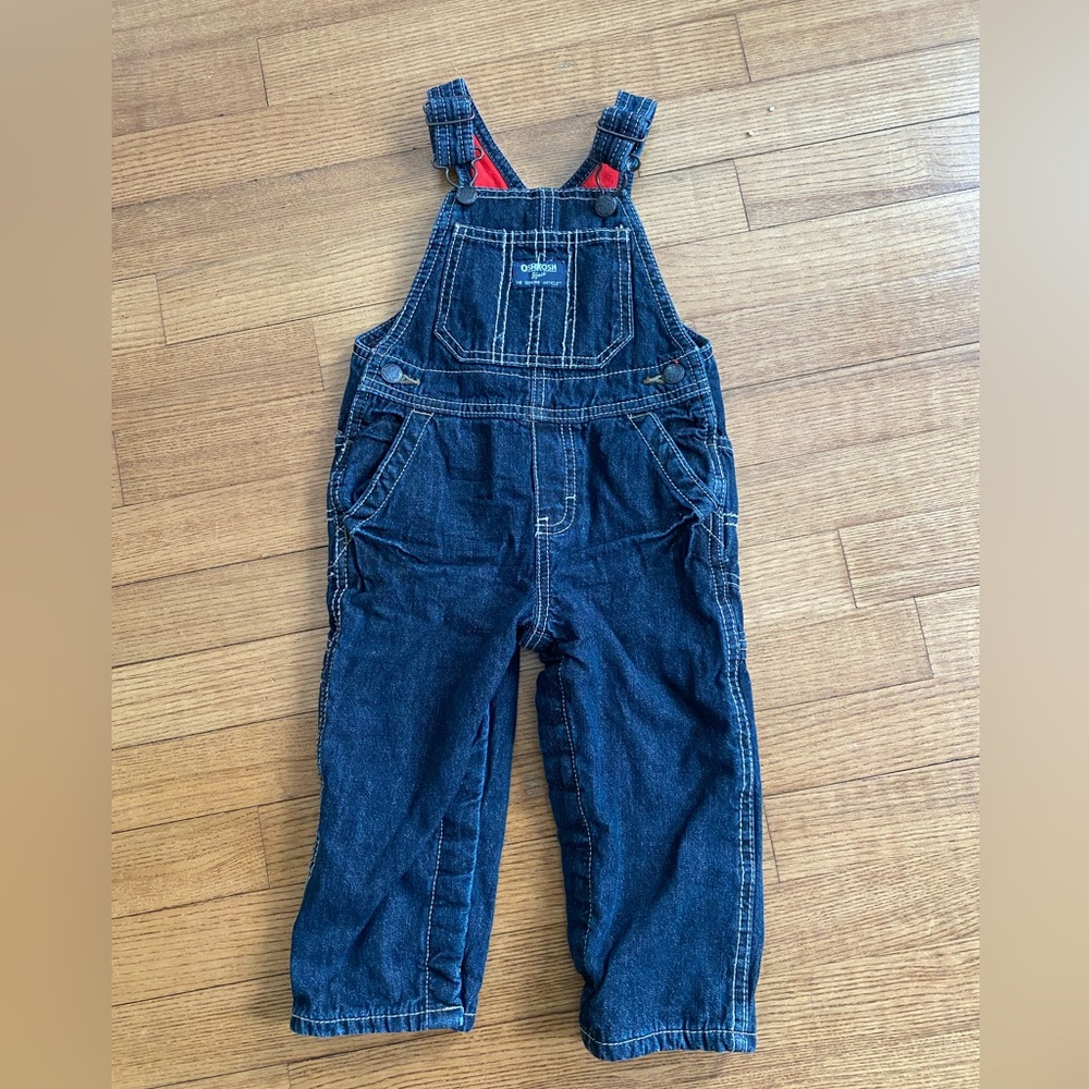 EUC Oshkosh B’Gosh 18 months Denim Farmer Bib Overalls Red Flannel lined